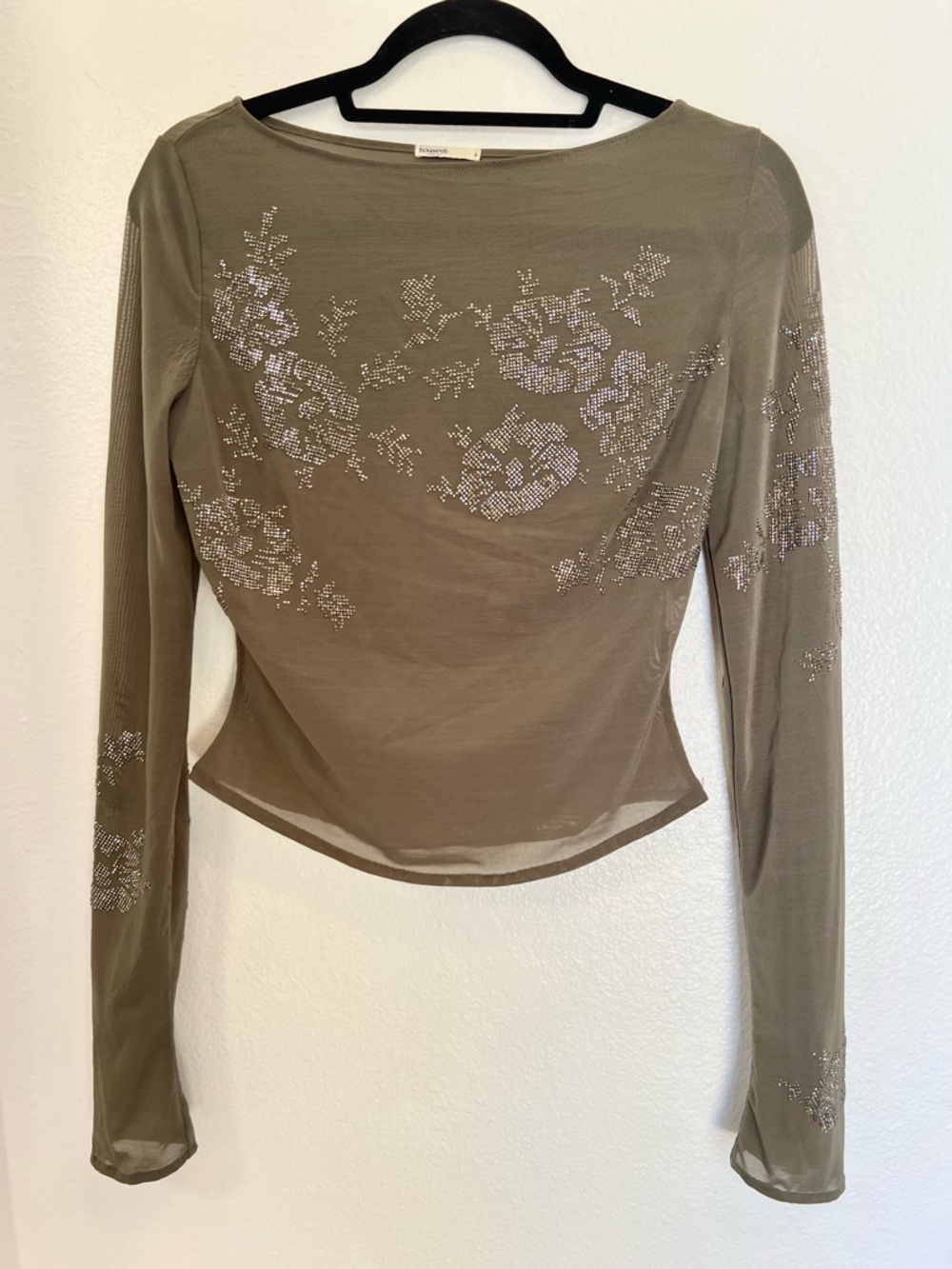 House of CB Angelique olive green sheer crystallized top Long-Sleeve - Picture 6 of 10